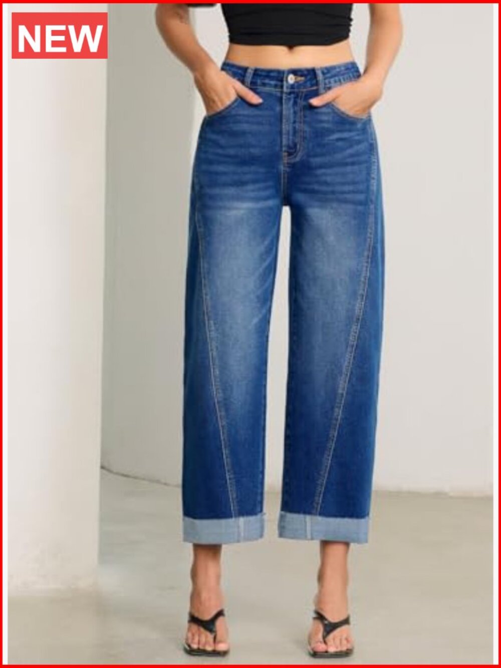 High Waisted Wide Leg Barrel Jeans Raw Rolled Hem Cropped Ankle - Picture 3 of 7